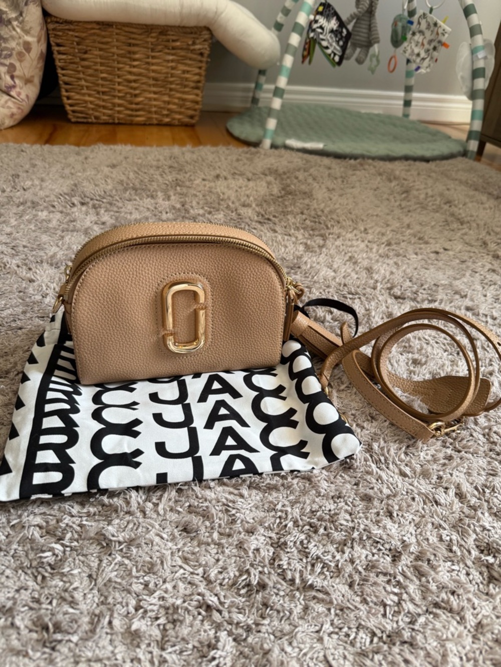 Marc Jacobs Pebbled Tan Compact Crossbody with Gold Hardware